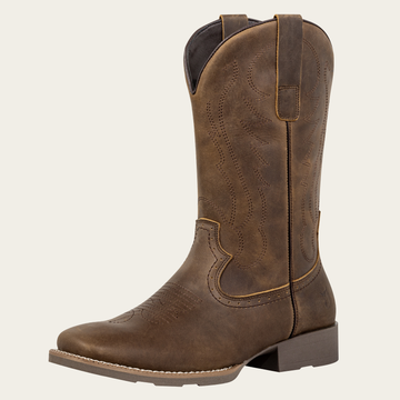 J's.o.l.e Cowboy Boots for Men Square Toe Men's Western Leather Work Boots, Botas Vaqueras Para Hombre, Slip Resistant Wide Calf with Embroidery, Casual Dress Riding Brown