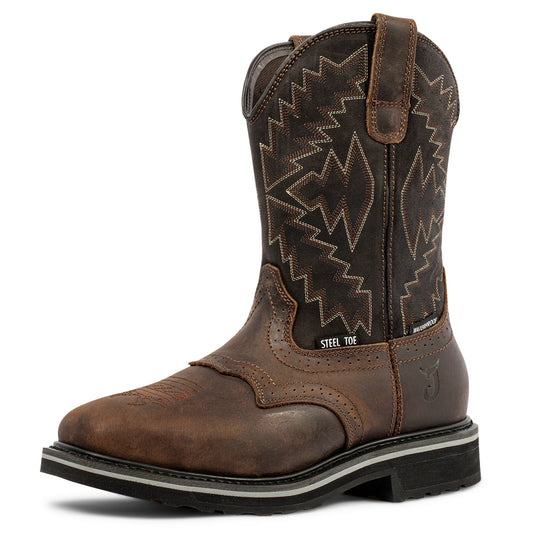 J's.o.l.e Steel Toe Work Boots for Men Waterproof Square Toe Cowboy Boots Durable Pull-On Safety Boots for Welding, Farming, Heavy Duty Jobs