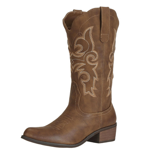 J's.o.l.e Cowgirl Boots Cowboy Boots for Women Embroidered Pointed Toe Wide Mid Calf Western Brown Black