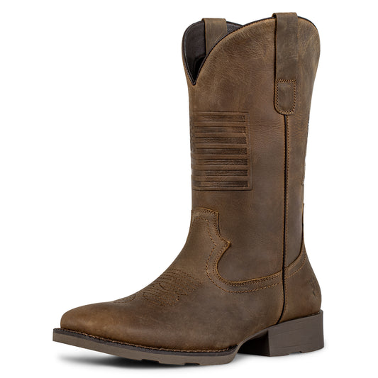 J's.o.l.e Leather Cowboy Boots for Men - Mens Square Toe Western Boots With Flag Slip On Wide Calf Botas Vaqueras Para Hombre Work Dress Classic Fashion Brown Boot