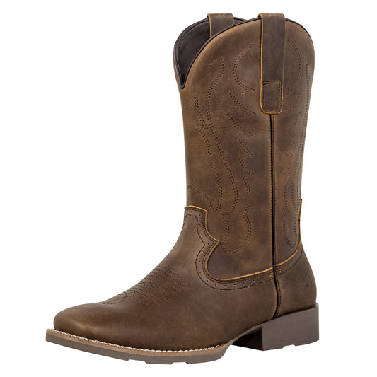 J's.o.l.e Cowboy Boots for Men Square Toe Men's Western Leather Work Boots, Botas Vaqueras Para Hombre, Slip Resistant Wide Calf with Embroidery, Casual Dress Riding Brown